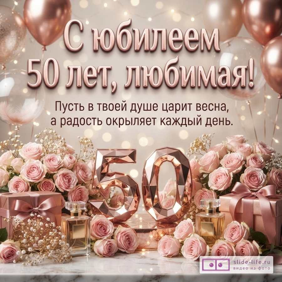 Открытка с розовым фоном, золотистыми шарами и розами. В центре крупные цифры 50. Текст: «С юбилеем 50 лет, любимая! Пусть в твоей душе царит весна, а радость окрыляет каждый день.»