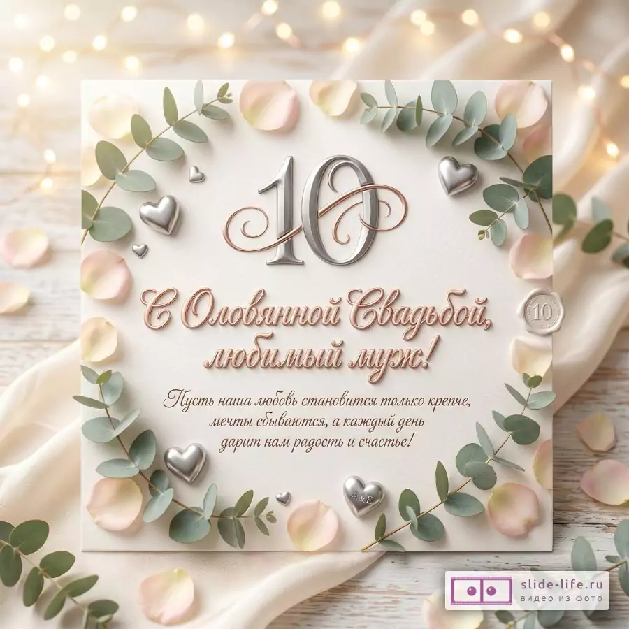 Поздравление Мужу с Оловянной Свадьбой — Романтическая Открытка на 10-ю Годовщину Свадьбы