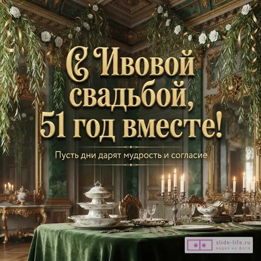 Интерьер в зеленых и золотых тонах, накрытый стол, свечи. Текст: «С Ивовой свадьбой, 51 год вместе! Пусть дни дарят мудрость и согласие»