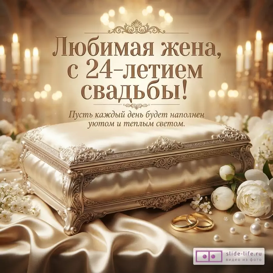 Атласная шкатулка цвета шампань с золотыми кольцами, жемчугом и цветами, надпись: «Любимая жена, с 24-летием свадьбы! Пусть каждый день будет наполнен уютом и теплым светом.».