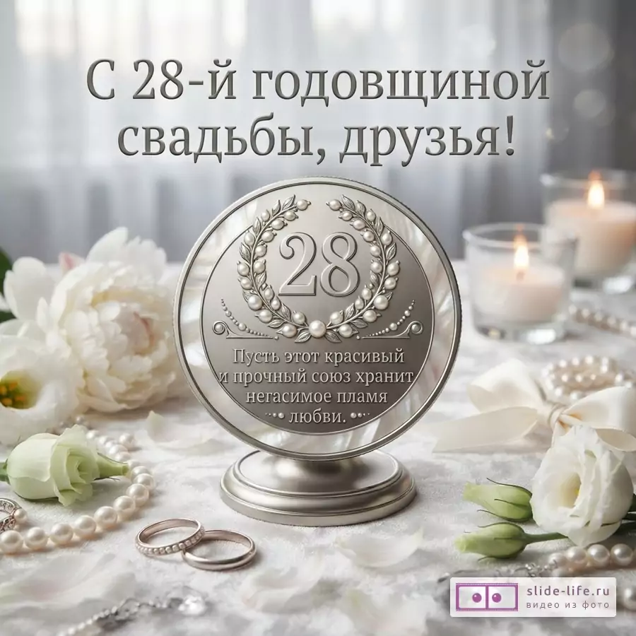 Открытка с белым фоном, на переднем плане серебряная медаль с цифрой «28» и жемчужным венком. Рядом белые цветы, жемчужные бусы, обручальные кольца и горящие свечи. Текст: «С 28-й годовщиной свадьбы, друзья! Пусть этот красивый и прочный союз хранит негасимое пламя любви.»
