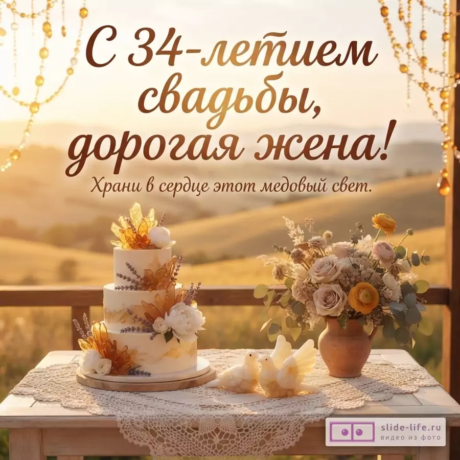 Фон закатного неба, золотые гирлянды. На переднем плане стол с белой скатертью, трехъярусный торт с янтарными украшениями, букет цветов в кувшине, две белые фигурки голубей. Текст: «С 34-летием свадьбы, дорогая жена! Храни в сердце этот медовый свет.»