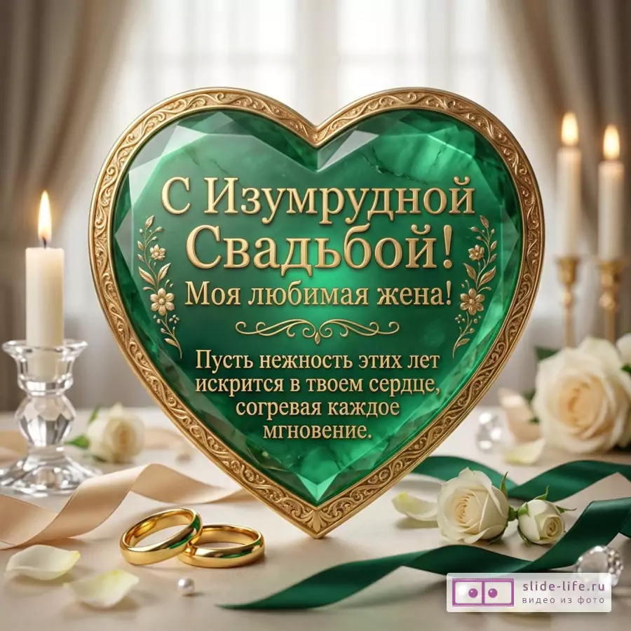 Открытка с зеленым сердцем, золотой рамкой, белыми розами, свечами, жемчугом, золотыми кольцами на изумрудной ткани, текст «С Изумрудной свадьбой, любимая жена! Пусть нежность этих лет искрится в твоем сердце, согревая каждый миг.»
