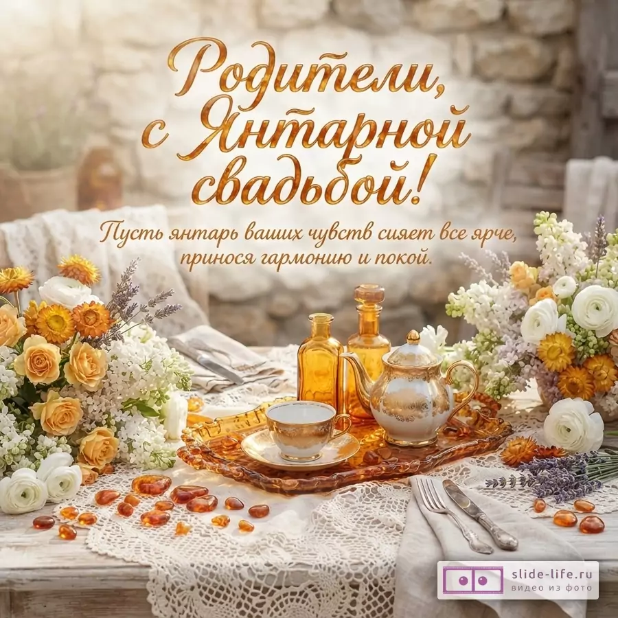 Открытка с янтарной свадьбой, фон каменная стена, на переднем плане стол с белой скатертью, янтарная посуда, цветы, янтарные камни. Текст «Родители, с Янтарной свадьбой! Пусть янтарь ваших чувств сияет все ярче, принося гармонию и покой.»