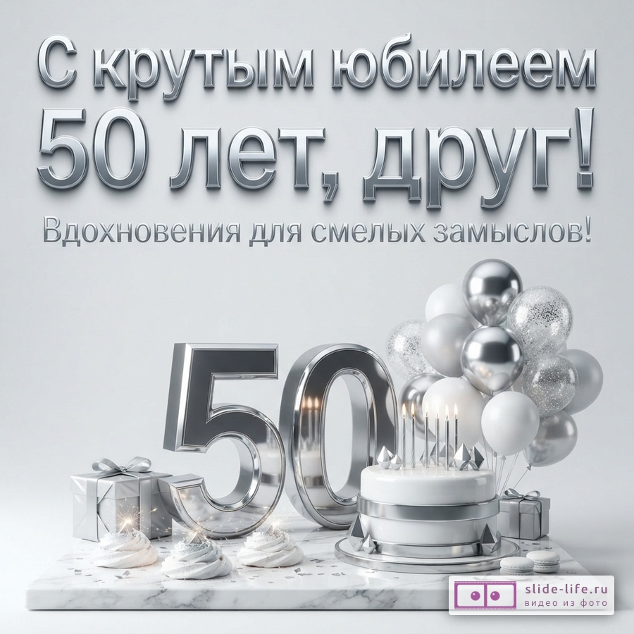 Белый фон, серебряные буквы, текст «С крутым юбилеем 50 лет, друг! Вдохновения для смелых замыслов!»