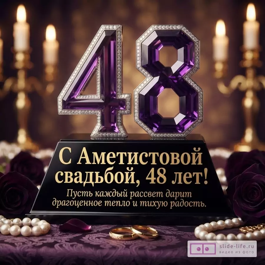 Фиолетовый фон, золотые свечи, фиолетовые розы, белые бусы, золотые кольца. В центре композиции объемные цифры 48 из фиолетового аметиста с бриллиантами на черной подставке. Текст сверху «С Аметистовой свадьбой, 48 лет!», «Пусть каждый рассвет дарит драгоценное тепло и тихую радость». Текст на подставке «Пусть каждый рассвет дарит драгоценное тепло и тихую радость».