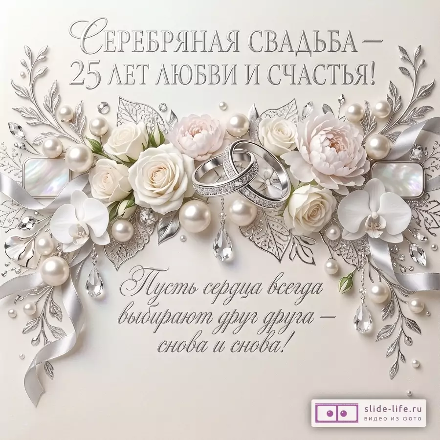 Кремовый фон, серебряные листья, белые розы, орхидеи, жемчуг, кольца и ленты; текст «СЕРЕБРЯНАЯ СВАДЬБА — 25 ЛЕТ ЛЮБВИ И СЧАСТЬЯ!»