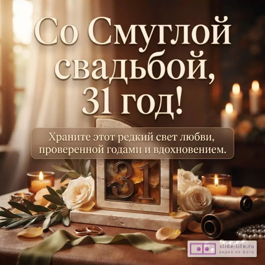 Тёплый коричнево-бежевый фон, свечи, белые розы, ленты и табличка с числом «31». Текст: «Со Смуглой свадьбой, 31 год! Храните этот редкий свет любви, проверенной годами и вдохновением.»