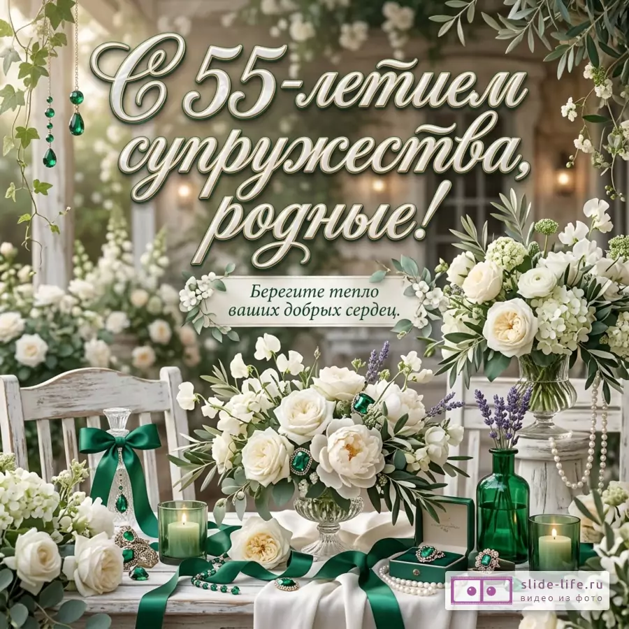 Белая и зеленая открытка с цветами, розами, свечами, изумрудными украшениями, лентами, бусами, стулом, вазами, текст «С 55-летием супружества, родные!» и «Берегите тепло ваших добрых сердец.»