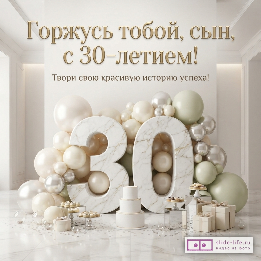 Большая мраморная цифра 30 в окружении бежевых и серебристых шаров, торта и подарков с текстом «Горжусь тобой, сын, с 30-летием! Твори свою красивую историю успеха!»