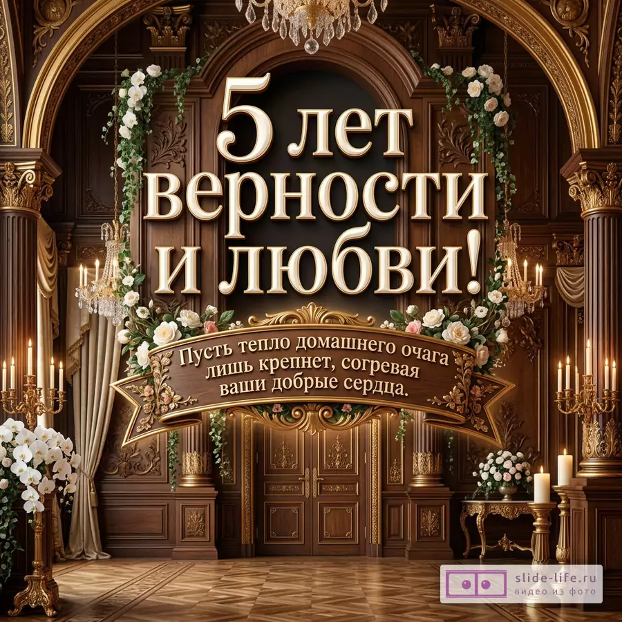 Открытка с текстом «5 лет верности и любви!» и «Пусть тепло домашнего очага лишь крепнет, согревая ваши добрые сердца.», коричневый деревянный интерьер, золотые арки, люстры, свечи, белые цветы
