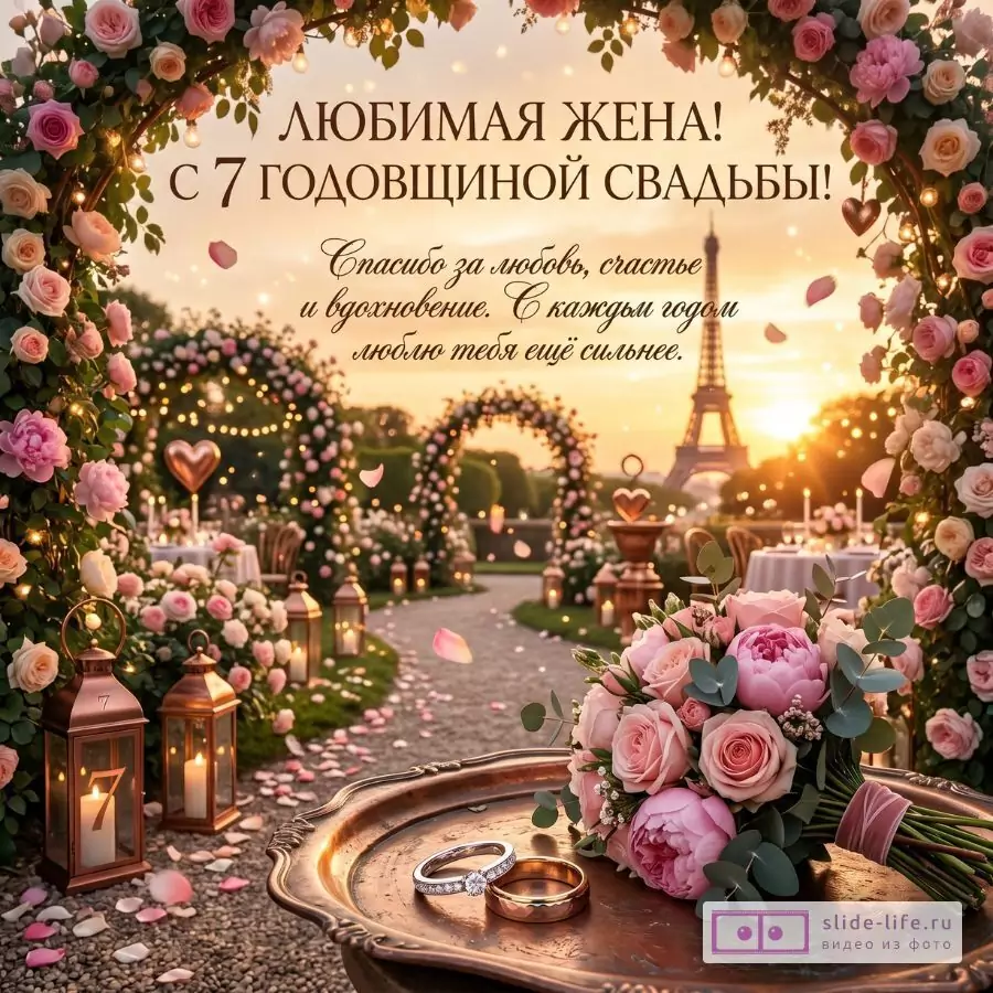 Любимой жене с 7 годовщиной свадьбы — красивая открытка на медную свадьбу от мужа