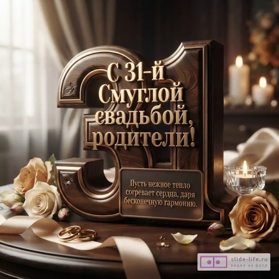 Деревянная открытка с золотыми буквами «С 31-й Смуглой свадьбой, родители! Пусть нежное тепло согревает сердца, даря бесконечную гармонию.»; свечи, розы, кольца, бежево-коричневый фон
