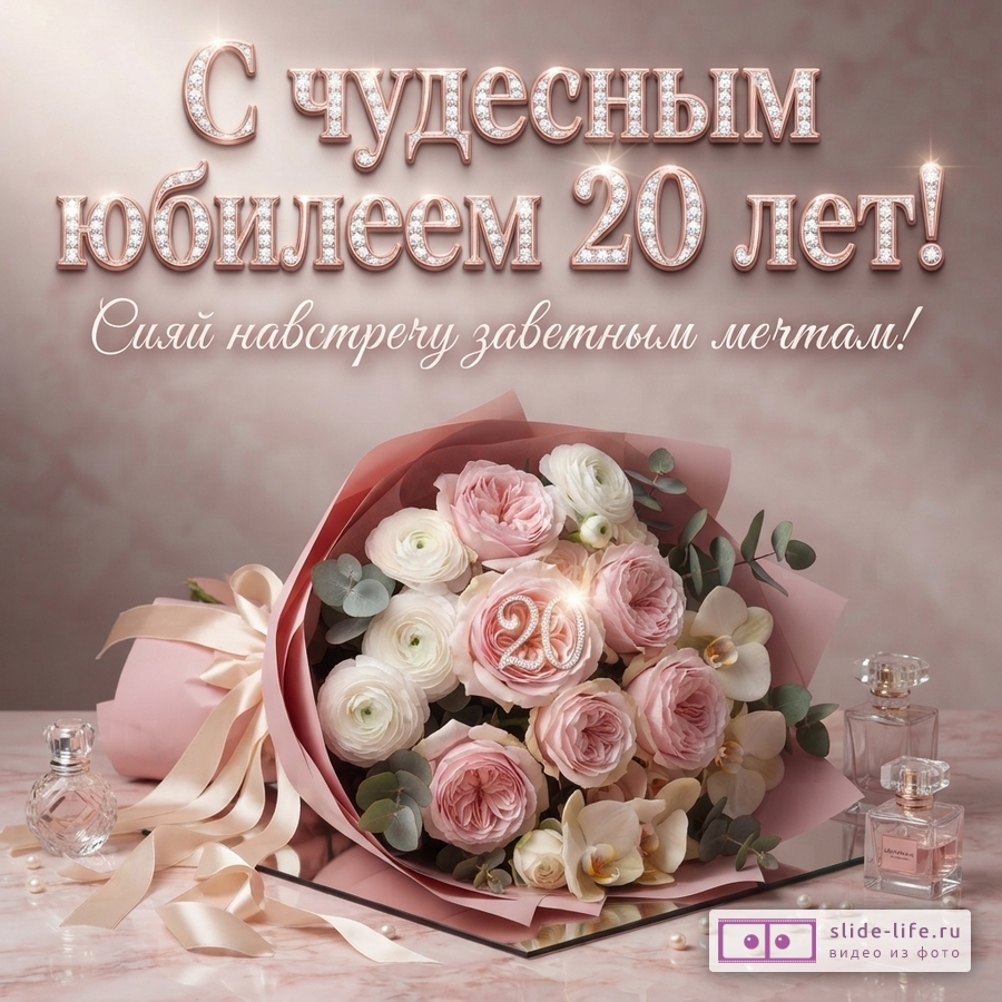 Букет розовых роз и белых ранункулюсов, флаконы духов и надпись «С чудесным юбилеем 20 лет! Сияй навстречу заветным мечтам!» на пудрово-розовом фоне.