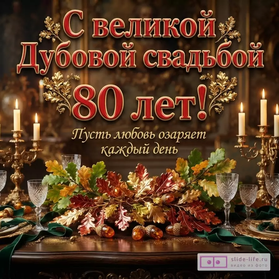 Торжественная открытка с текстом «С великой Дубовой свадьбой 80 лет! Пусть любовь озаряет каждый день». Темный фон, свечи, дубовые листья, бокалы.