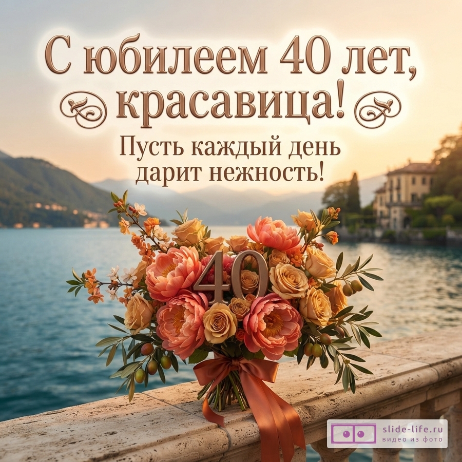 Открытка с букетом персиковых и оранжевых роз, пионов, оливковых веток на фоне озера и гор. На букете цифра «40». Текст «С юбилеем 40 лет, красавица! Пусть каждый день дарит нежность!»