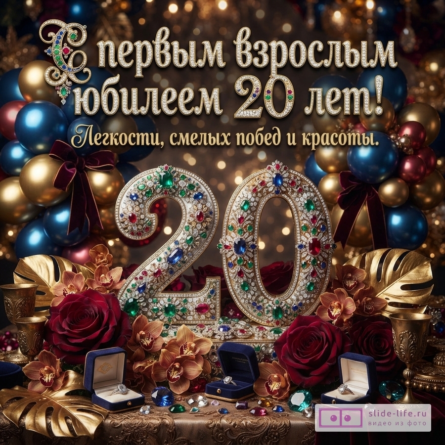 Фон с золотыми и синими шарами, боке. В центре крупные цифры «20» из золота, украшенные драгоценными камнями. На переднем плане красные розы, орхидеи, золотые листья и открытые коробочки с кольцами. Текст: «С первым взрослым юбилеем 20 лет! Легкости, смелых побед и красоты.»