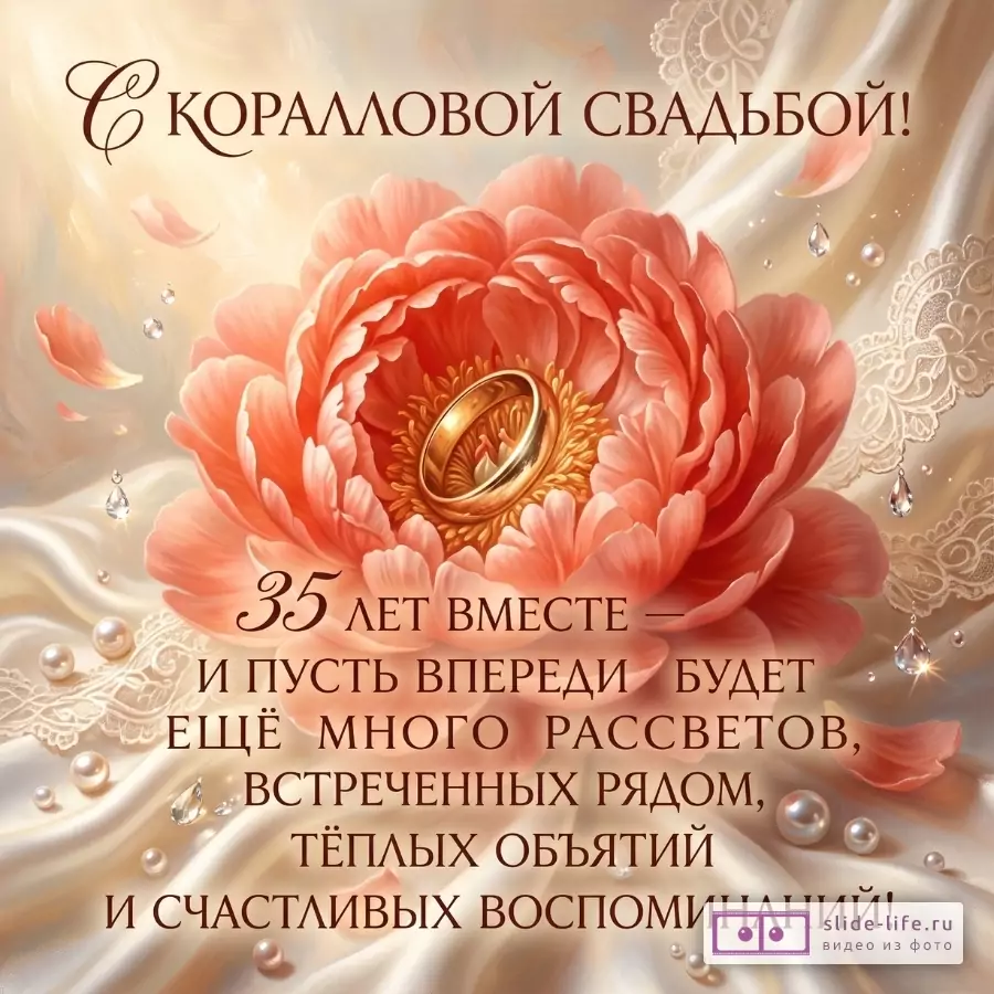 Бежево-розовая открытка с коралловым цветком, кольцом, жемчугом и кружевом. Текст: «С КОРАЛОВОЙ СВАДЬБОЙ!», «35 лет вместе»