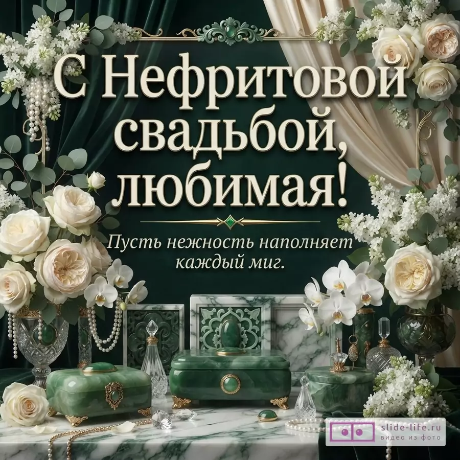 Зеленый фон с белыми розами, орхидеями, нефритовыми шкатулками и надписью «С Нефритовой свадьбой, любимая! Пусть нежность наполняет каждый миг.»