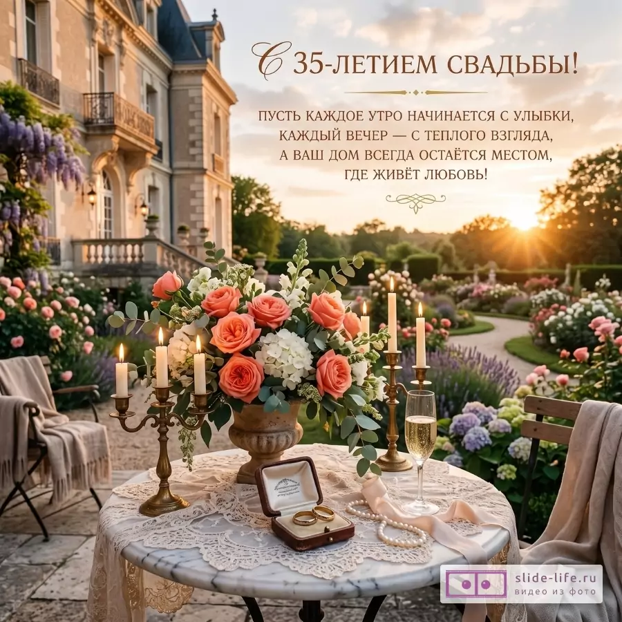 Светлый фон с закатным небом, сад, коралловые розы, свечи, шампанское, кольца; текст: «С 35 ЛЕТИЕМ СВАДЬБЫ!», «ПУСТЬ КАЖДОЕ УТРО НАЧИНАЕТСЯ С УЛЫБКИ...»