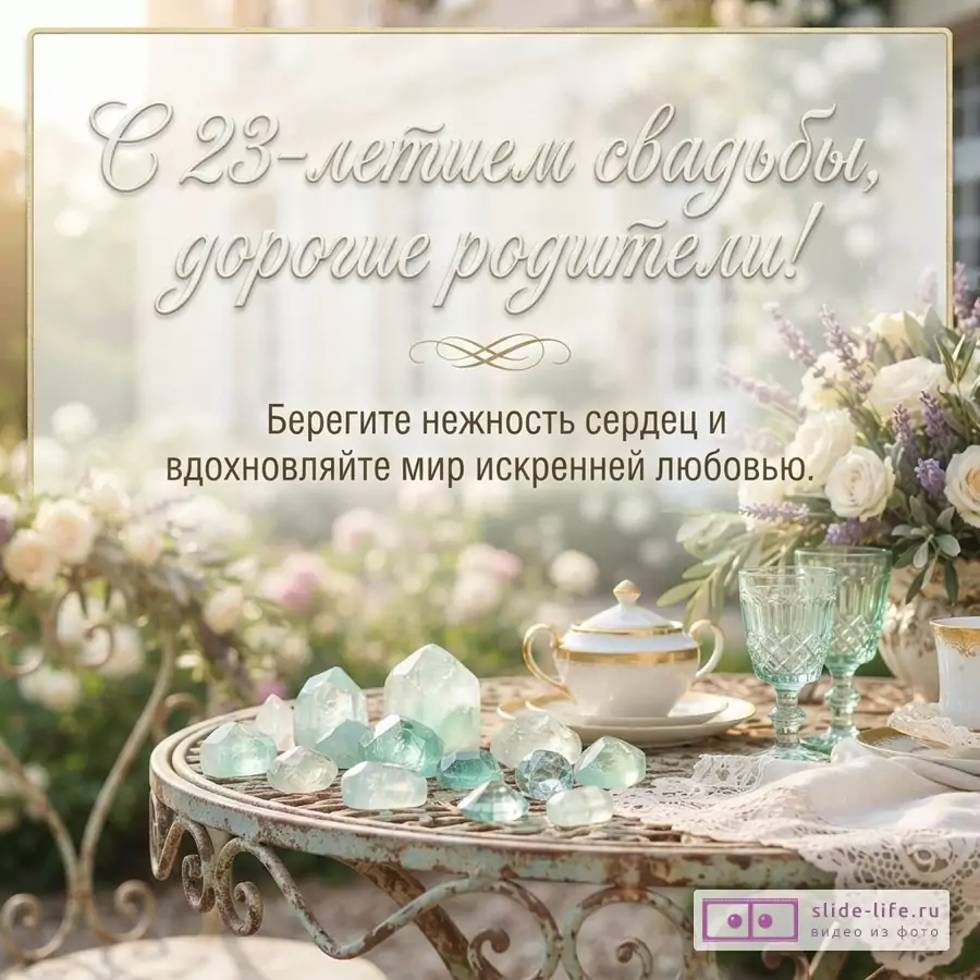 Открытка с текстом «С 23-летием свадьбы, дорогие родители! Берегите нежность сердец и вдохновляйте мир искренней любовью». Светлый садовый фон, цветы, берилловые камни, сервированный стол.