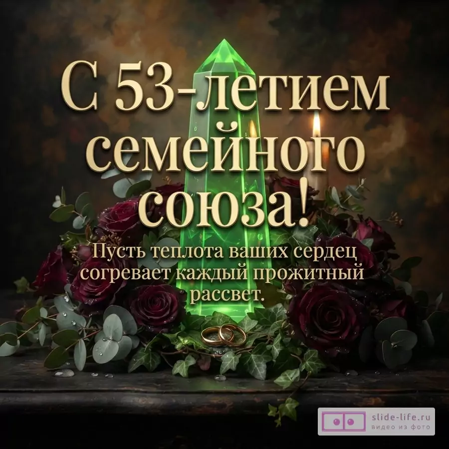 Открытка к Урановой свадьбе с текстом «С 53-летием семейного союза! Пусть теплота ваших сердец согревает каждый прожитый рассвет.» на фоне зеленого кристалла, бордовых роз и обручальных колец.