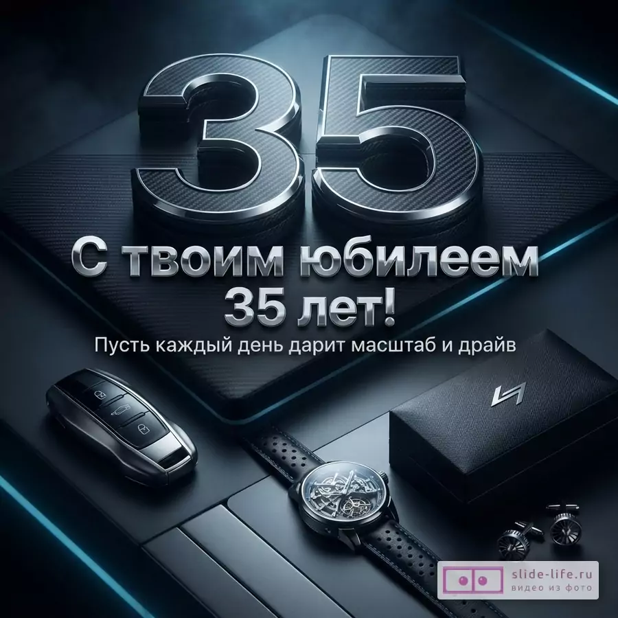 Объемная цифра 35 с карбоновой текстурой, автомобильный ключ, часы-скелетоны и запонки на темном фоне с надписью: «С твоим юбилеем 35 лет! Пусть каждый день дарит масштаб и драйв».