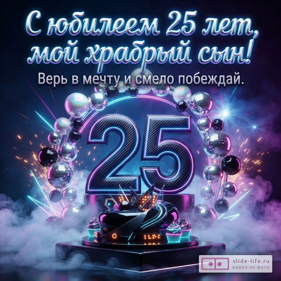 Объемная цифра 25 с неоновой подсветкой, торт, диско-шары на темном фоне и надпись «С юбилеем 25 лет, мой храбрый сын! Верь в мечту и смело побеждай.»