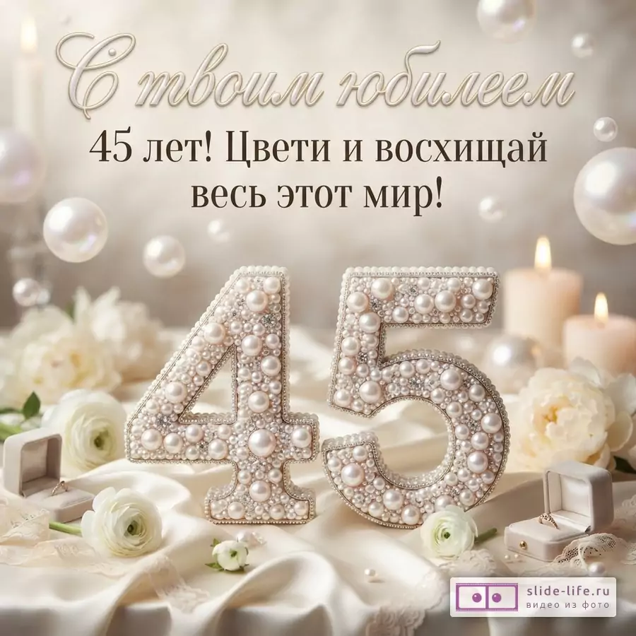 Открытка с бежевым фоном, надпись «С твоим юбилеем 45 лет! Цвети и восхищай весь этот мир!», цифры 45 из жемчуга и страз, белые цветы, свечи, жемчужины.