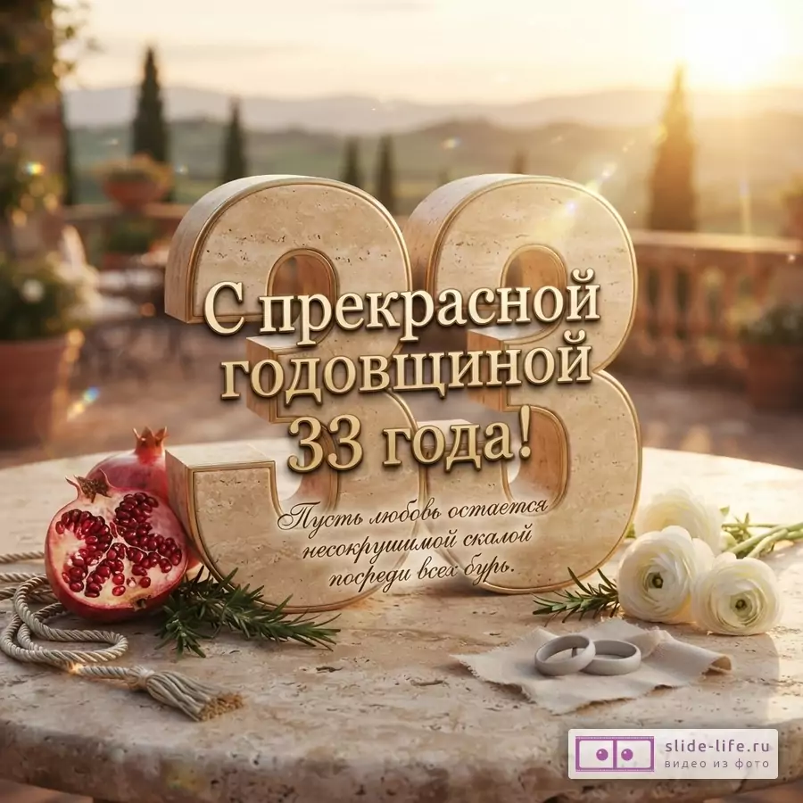 Фон с закатом и горами, на переднем плане мраморный стол. На столе объемные цифры «33» из камня, гранат, белые цветы, веревка, обручальные кольца. Текст «С прекрасной годовщиной 33 года! Пусть любовь остается несокрушимой скалой посреди всех бурь.»
