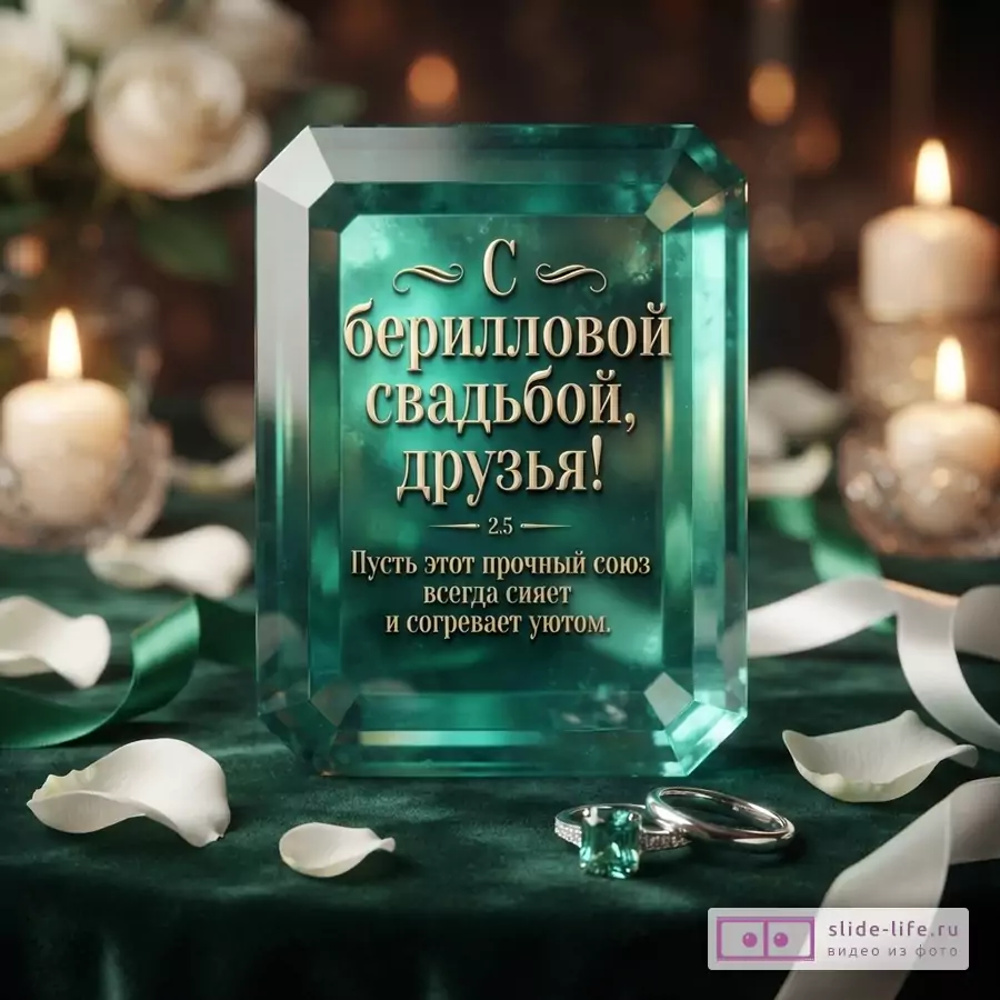 Изумрудно-зелёная стеклянная открытка с белыми свечами, лепестками и кольцами. Текст: «С бериллиевой свадьбой, друзья! Пусть этот прочный союз всегда сияет и согревает уютом».