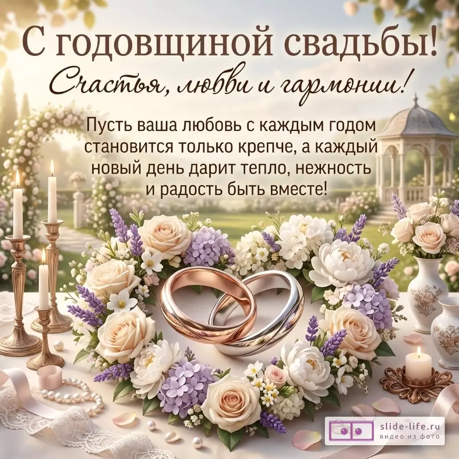 Светлый бежево-зеленый фон, цветочный венок с обручальными кольцами, свечи, розы и лаванда. Текст: «С годовщиной свадьбы! Счастья, любви и гармонии!»