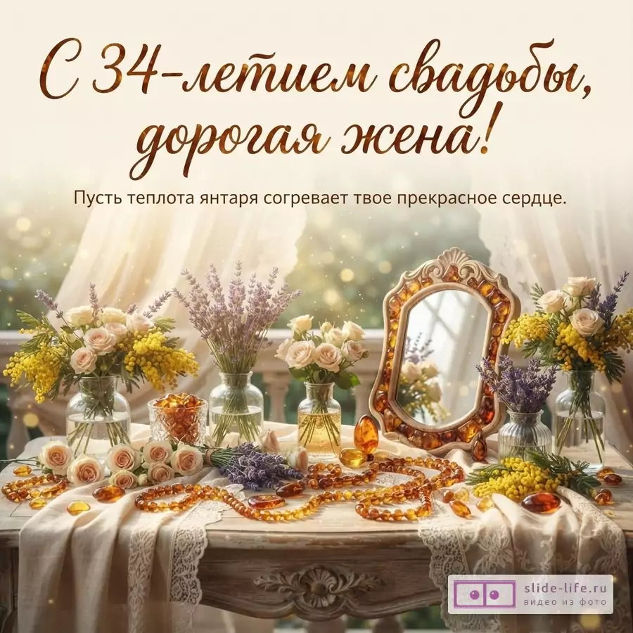 Открытка с бежевым фоном. На переднем плане стол с цветами, янтарными украшениями и зеркалом. Текст: «С 34-летием свадьбы, дорогая жена! Пусть теплота янтаря согревает твое прекрасное сердце.»