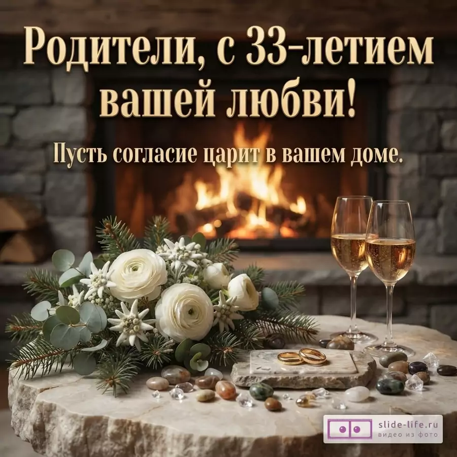 Камин с огнем, на столе букет из белых роз и еловых веток, два бокала шампанского, обручальные кольца, камни. Текст: «Родители, с 33-летием вашей любви! Пусть согласие царит в вашем доме.»