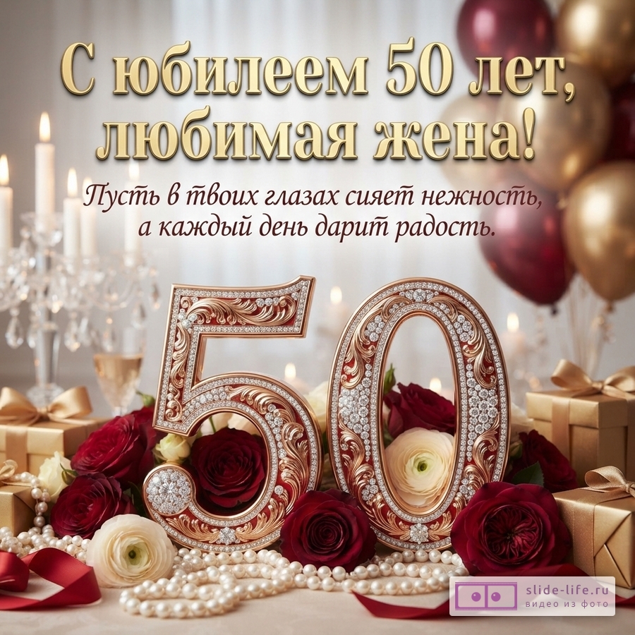 Открытка с золотыми буквами на светлом фоне, красные и золотые шары, свечи, подарки, красные и белые розы, жемчуг. Текст: «С юбилеем 50 лет, любимая жена! Пусть в твоих глазах сияет нежность, а каждый день дарит радость.»