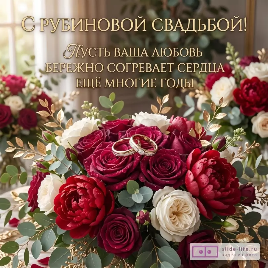 Бежевый фон, букет рубиновых, красных и белых роз с зеленью, в центре обручальные кольца. Текст: «С РУБИНОВОЙ СВАДЬБОЙ! Пусть ваша любовь бережно согревает сердца ещё многие годы»
