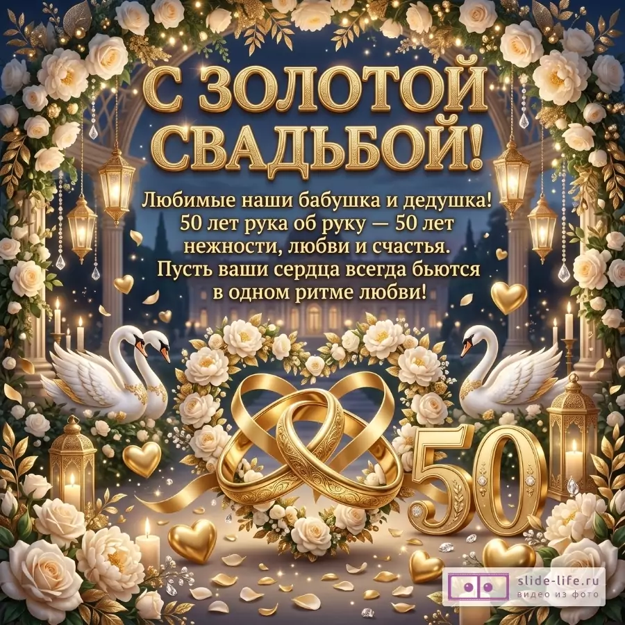 Темно-синяя и золотая открытка с белыми розами, лебедями, свечами и цифрой 50; текст «С ЗОЛОТОЙ СВАДЬБОЙ!»