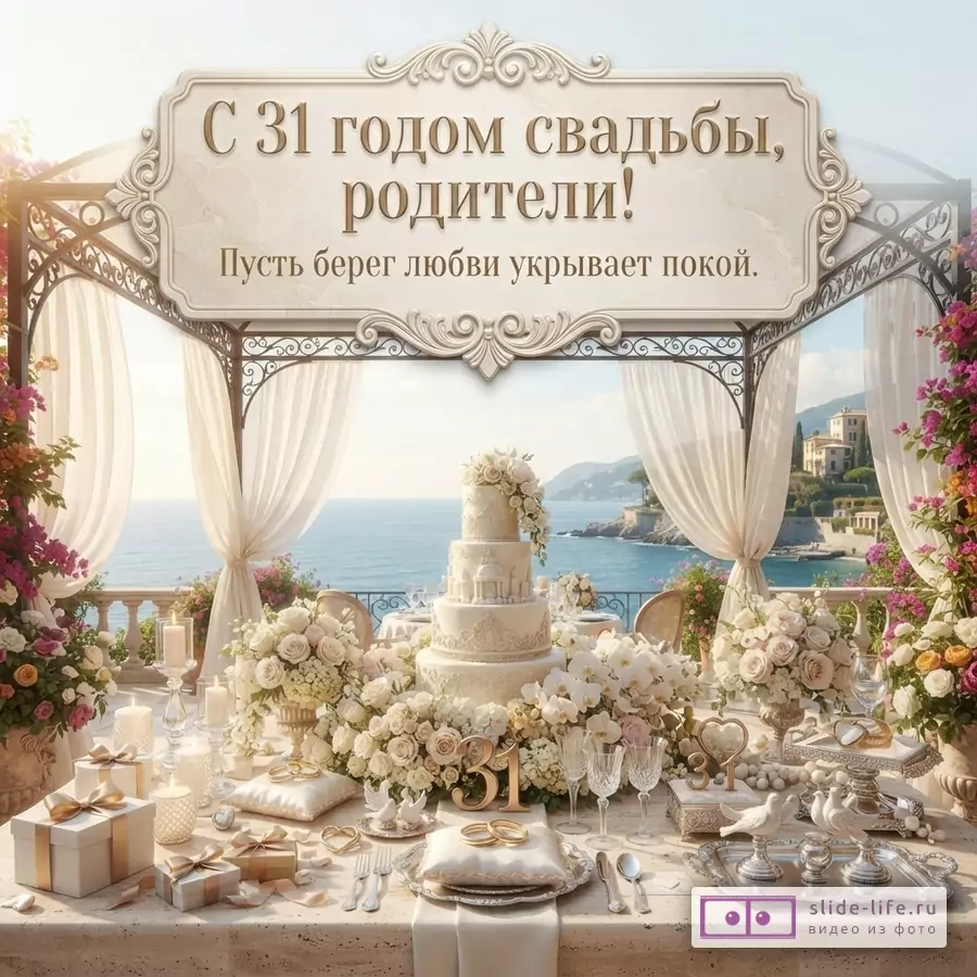 Бежево-золотая открытка с морским фоном, цветами, свадебным столом и надписью «С 31 годом свадьбы, родители! Пусть берег любви укрывает покой.»