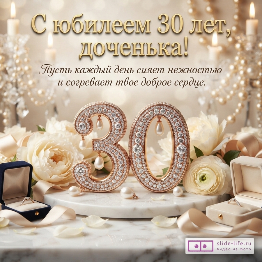 Ювелирная цифра 30 с жемчугом на мраморной подставке среди белых цветов, свечей и коробочек с кольцами, надпись «С юбилеем 30 лет, доченька! Пусть каждый день сияет нежностью и согревает твое доброе сердце.»