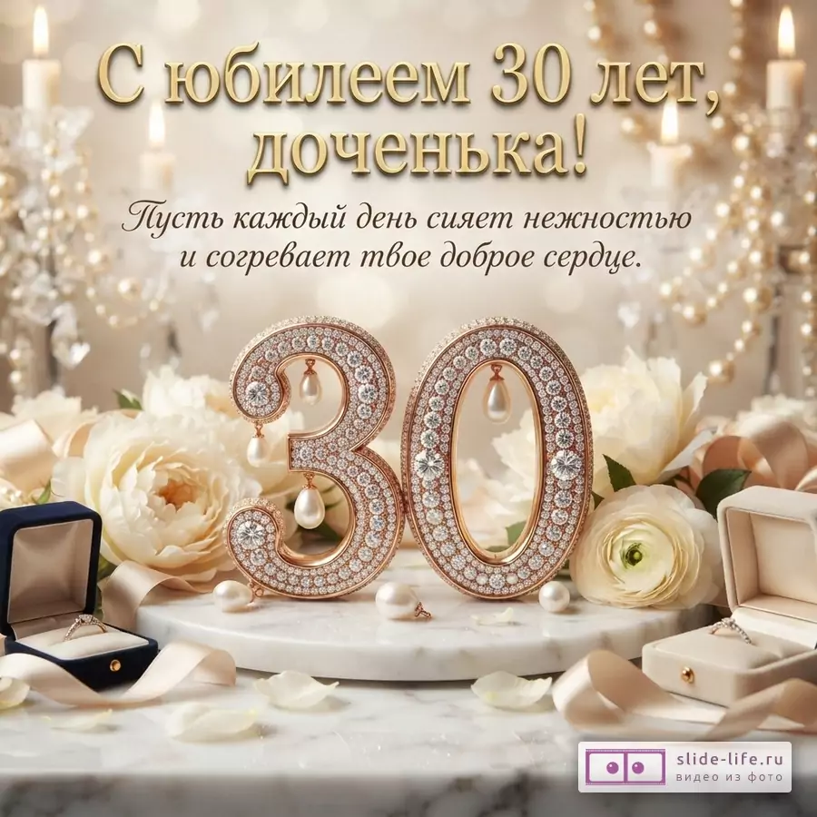 Ювелирная цифра 30 с жемчугом на мраморной подставке среди белых цветов, свечей и коробочек с кольцами, надпись «С юбилеем 30 лет, доченька! Пусть каждый день сияет нежностью и согревает твое доброе сердце.»