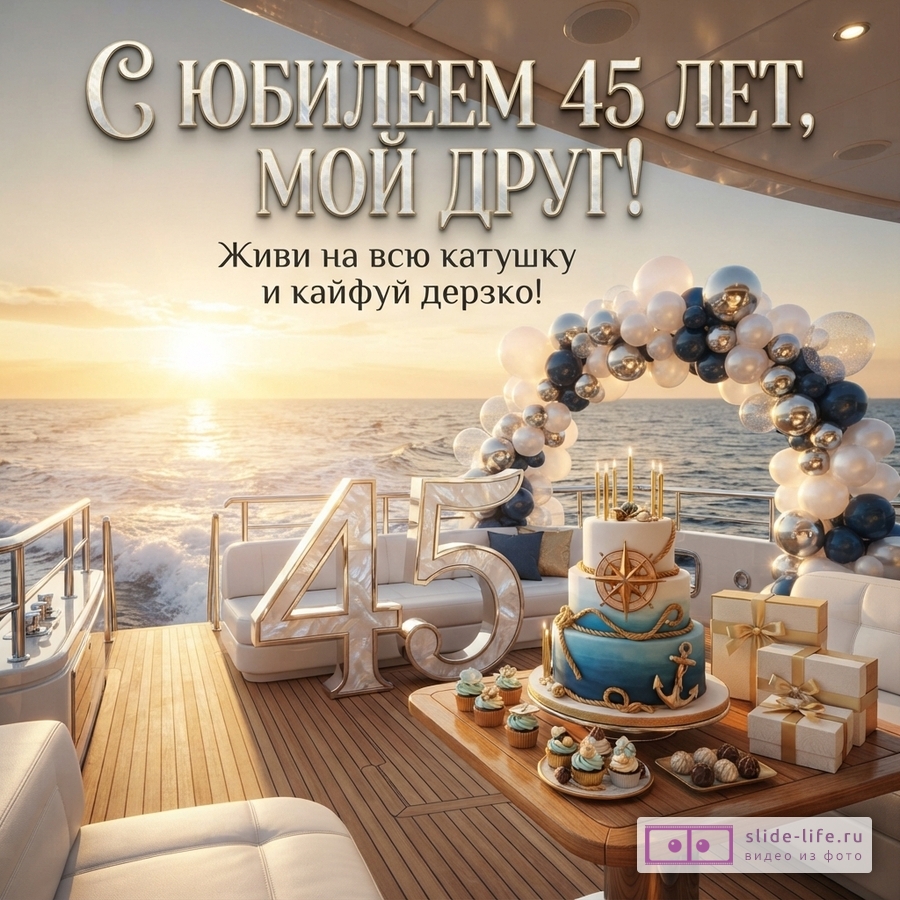 Открытка с юбилеем 45 лет другу на фоне яхты и моря. На открытке текст: «С ЮБИЛЕЕМ 45 ЛЕТ, МОЙ ДРУГ! Живи на всю катушку и кайфуй дерзко!»