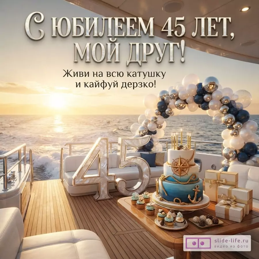 Открытка с юбилеем 45 лет другу на фоне яхты и моря. На открытке текст: «С ЮБИЛЕЕМ 45 ЛЕТ, МОЙ ДРУГ! Живи на всю катушку и кайфуй дерзко!»