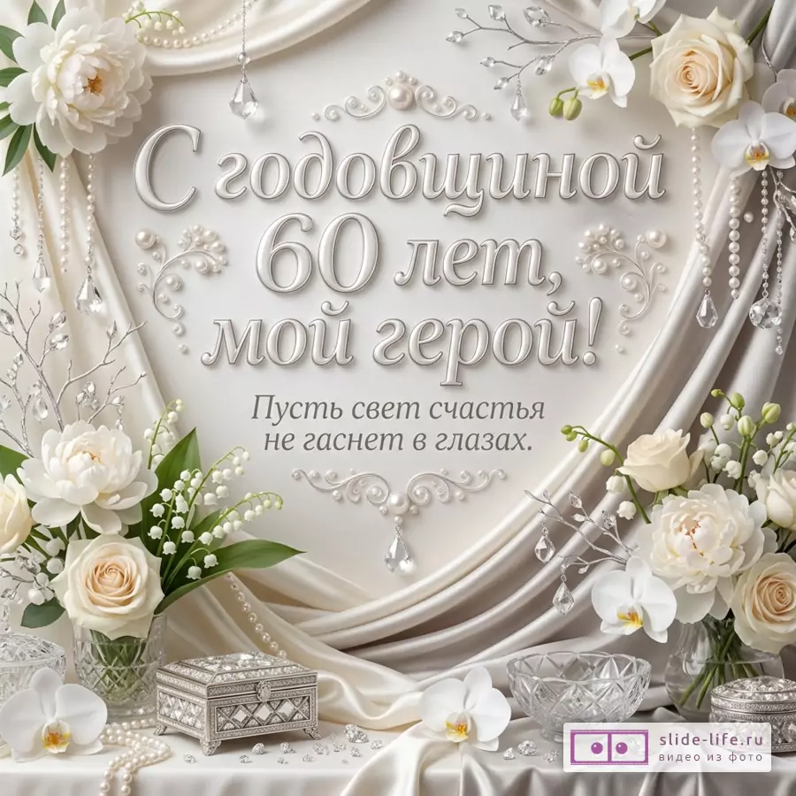 Белая и кремовая открытка с драпировкой, белыми розами, пионами, орхидеями, ландышами, жемчугом, хрустальными подвесками и текстом «С годовщиной 60 лет, мой герой! Пусть свет счастья не гаснет в глазах.»