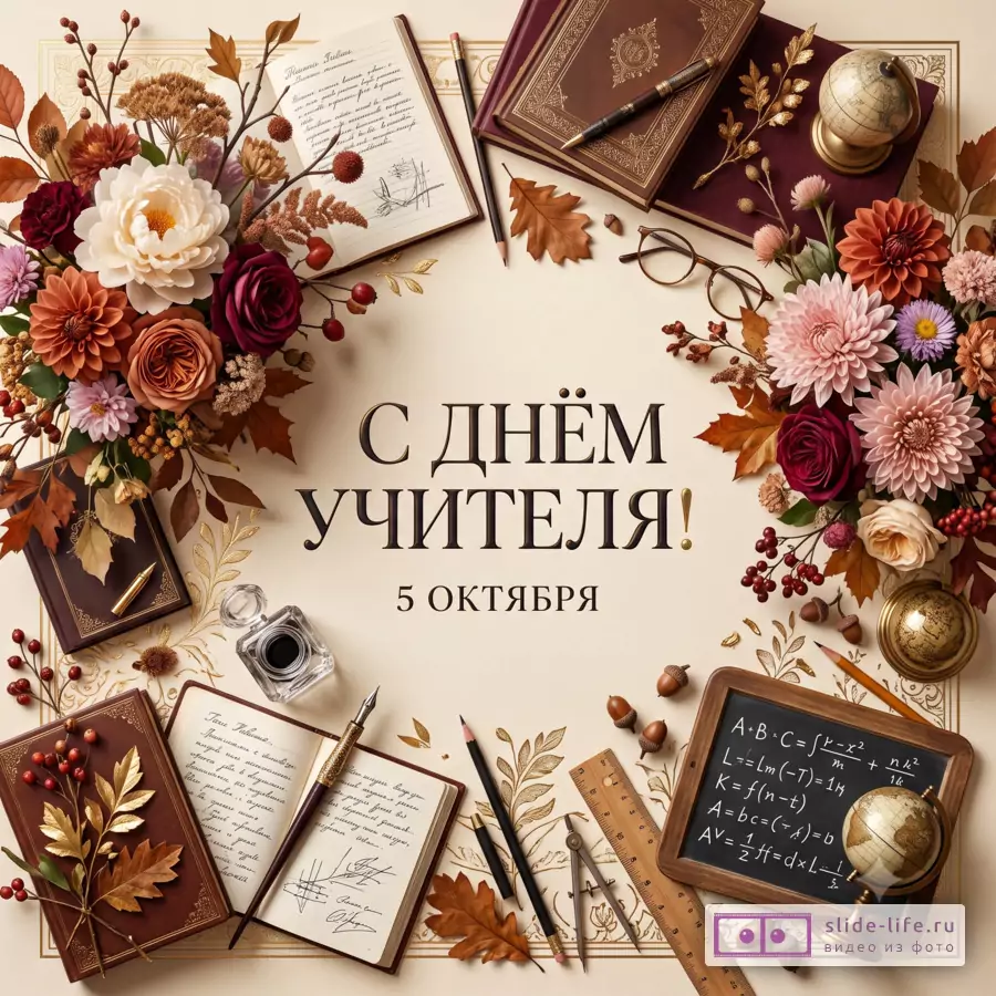 Поздравление с Днём учителя — красивая открытка на 5 октября