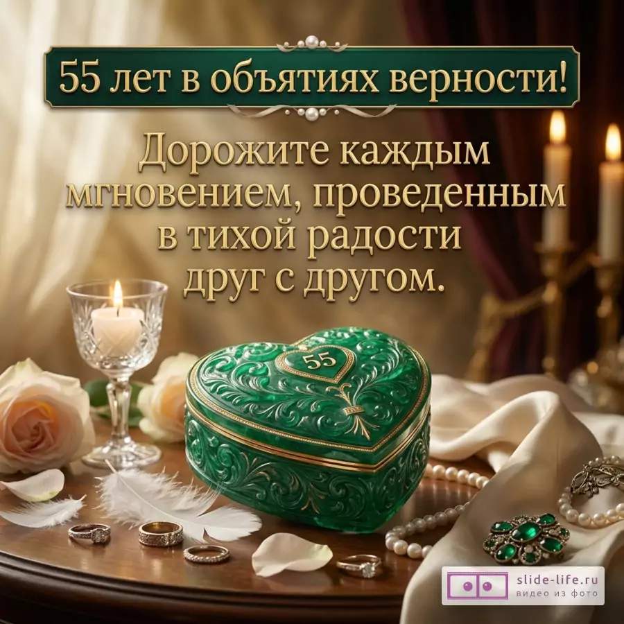 Открытка с текстом «55 лет в объятиях верности! Дорожите каждым мгновением, проведенным в тихой радости друг с другом.» Зеленая шкатулка-сердце, свечи, розы, кольца, жемчуг, белая ткань