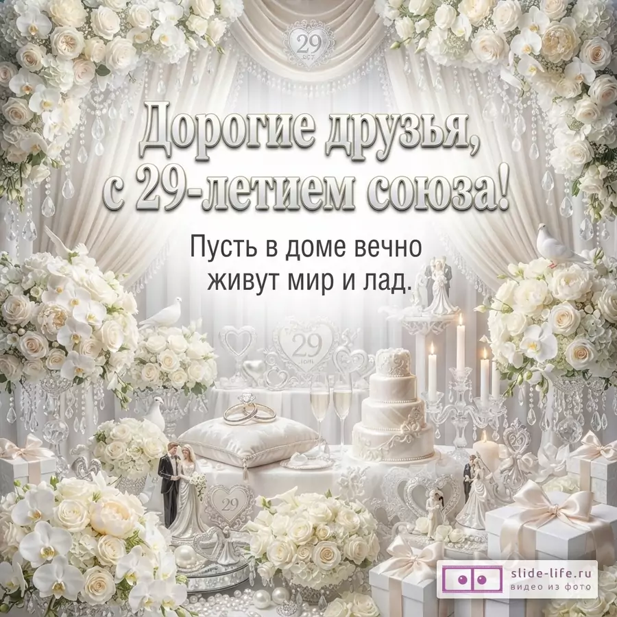 Светлая свадебная открытка с бело-бежевыми цветами, драпировкой, свечами, тортом и подарками; текст «Дорогие друзья, с 29-летием союза! Пусть в доме вечно живут мир и лад.»