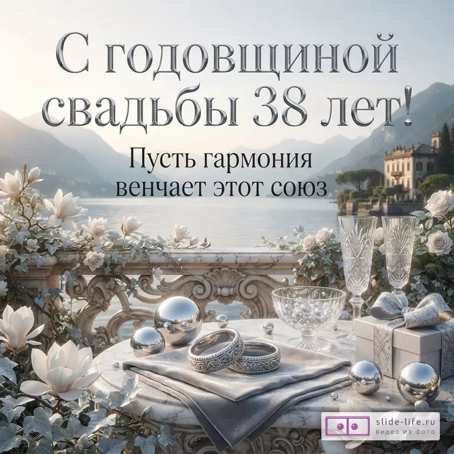 Фон светлый, горы, озеро, здание. На переднем плане мраморный стол с балюстрадой, белые цветы, серебряные шары, два обручальных кольца, два бокала, подарочная коробка. Текст «С годовщиной свадьбы 38 лет! Пусть гармония венчает этот союз»