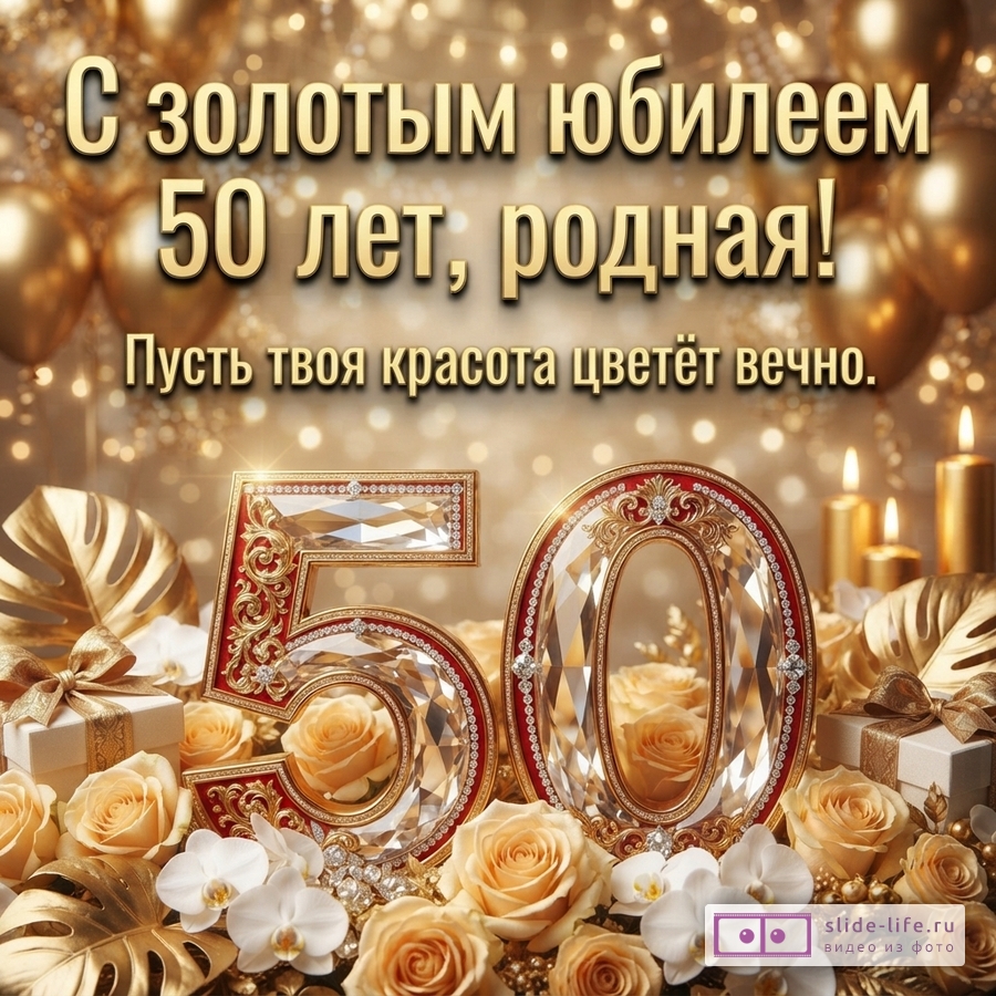 Золотой фон с боке, воздушными шарами, свечами и подарками. В центре крупные цифры «50» из прозрачного материала с золотой и красной окантовкой, украшенные стразами. Вокруг цифр розы, орхидеи и золотые листья. Надпись: «С золотым юбилеем 50 лет, родная! Пусть твоя красота цветёт вечно.»
