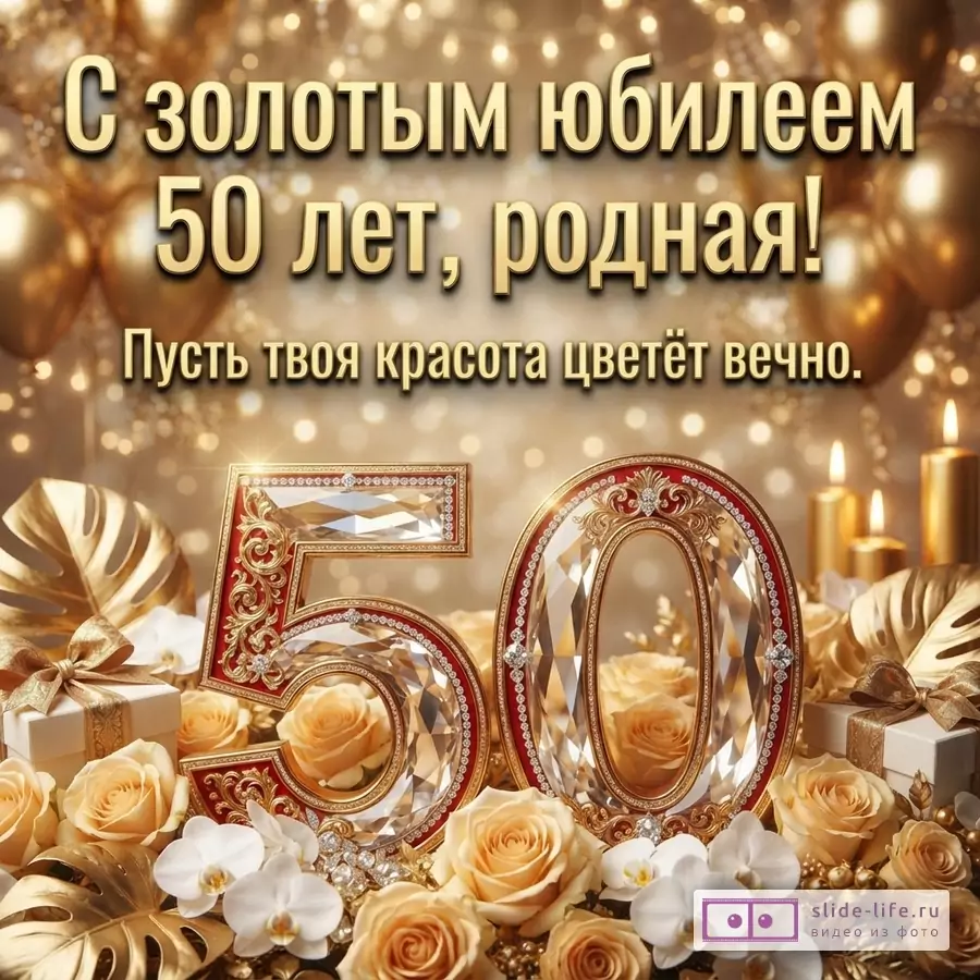 Золотой фон с боке, воздушными шарами, свечами и подарками. В центре крупные цифры «50» из прозрачного материала с золотой и красной окантовкой, украшенные стразами. Вокруг цифр розы, орхидеи и золотые листья. Надпись: «С золотым юбилеем 50 лет, родная! Пусть твоя красота цветёт вечно.»