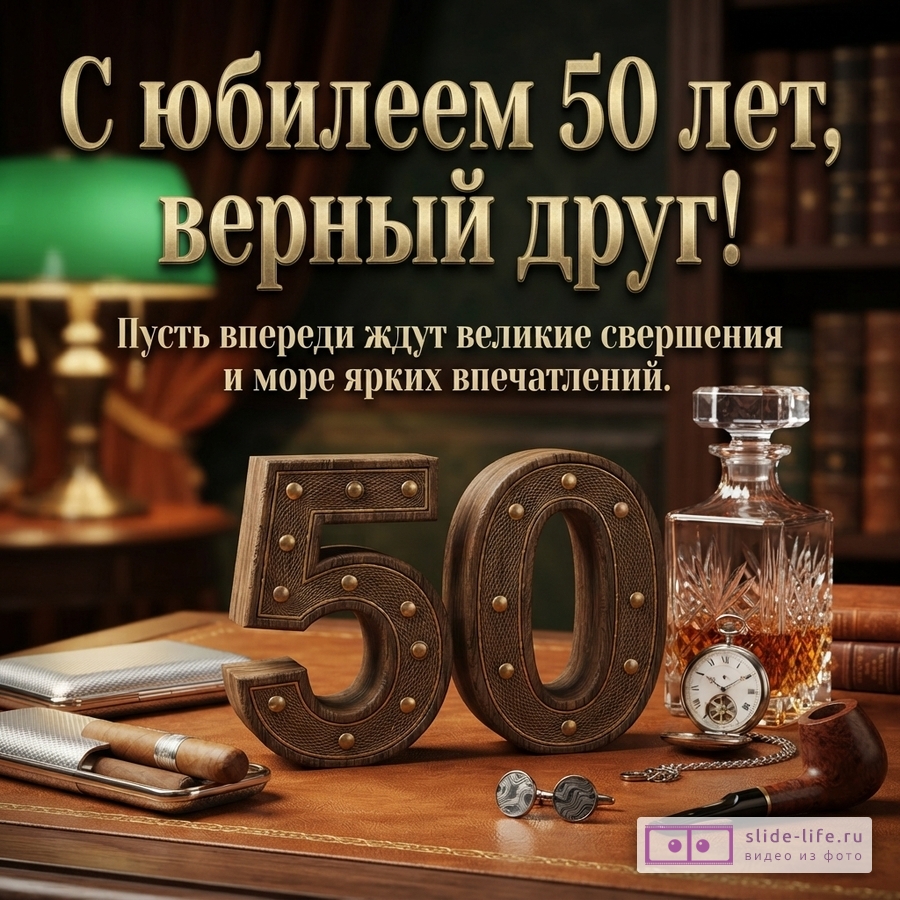Коричневый фон, золотые буквы. Надпись «С юбилеем 50 лет, верный друг! Пусть впереди ждут великие свершения и море ярких впечатлений.»